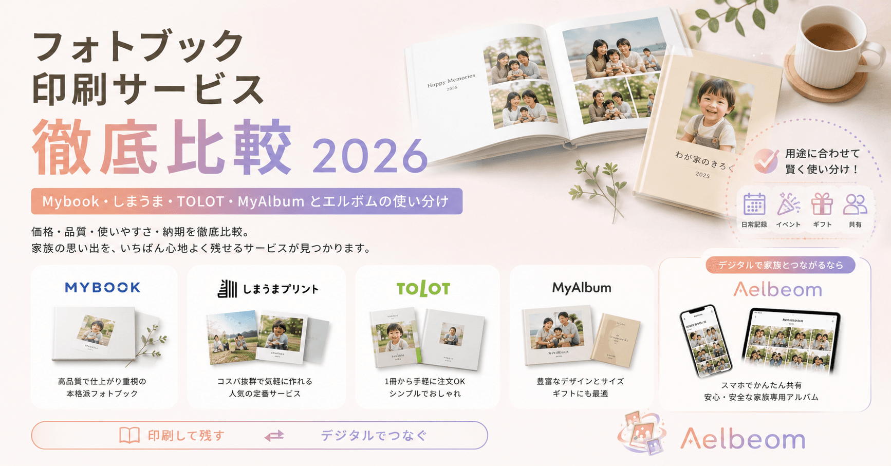 フォトブック印刷サービス徹底比較 2026 — Mybook・しまうま・TOLOT・MyAlbum とエルボムの使い分け